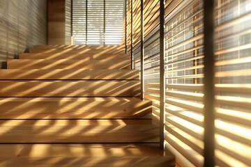 Sunlight filters through window blinds, casting tints and shades in building. The suns rays are filtering through the blinds of a window, casting tints and shades of light on the wood stairs 