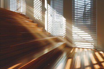 Sunlight filters through window blinds, casting tints and shades in building. The suns rays are filtering through the blinds of a window, casting tints and shades of light on the 