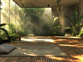 A room with a lot of plants and a wooden floor. The room is very bright and has a lot of sunlight coming in through the windows