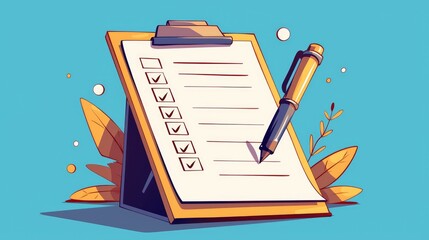 A fun and dynamic comic style illustration featuring a document checklist icon set against a white background This report cartoon 2d showcases a paper sheet with a splash effect embodying a