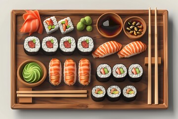 Sushi set. Set of sushi, chopsticks and ginger with wasabi .