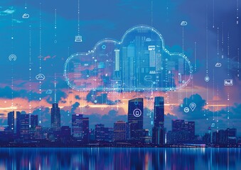 A digital illustration of cloud computing with icons and data flow, set against the backdrop of an urban skyline at dusk Generative AI