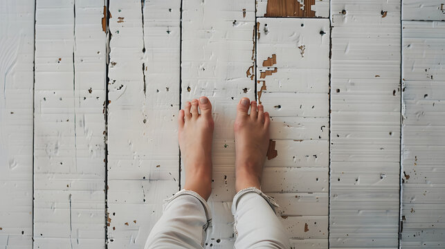 A photo of beautiful female feet with great toes standing on an old white wooden floor