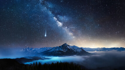 Fototapeta premium Magischer Moment: Sternschnuppe über majestätischer Bergkulisse 