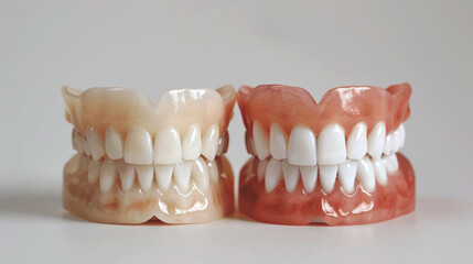 Obraz premium Tooth, denture and compare model for health, dental hygiene and cleaning for smile by white background. Tooth, mould and teeth whitening with versus, before and after with results for oral wellness