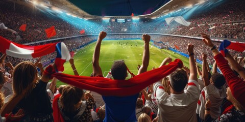 A lively crowd of fans with arms raised enthusiastically watch a soccer game in a vibrant stadium, amidst the green grass of a sport venue. AIG41