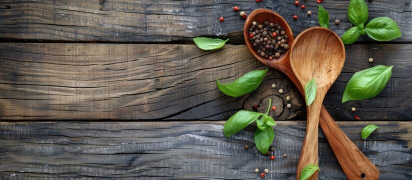 Wooden spoon and ingredients on a vintage backdrop. Concept related to vegetarian food, health, or cooking. Design with open space for text.