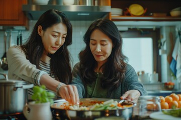 Korean mother and daughter prepare kimchi. Parenting, cooking together. Care. Asia