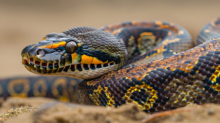 Obraz premium A python with intricate. multicolored patterns on its skin is portrayed against a sand background. The colors include dark green and brown spots along the bodys contour