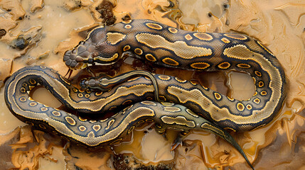 A python with intricate. multicolored patterns on its skin is portrayed against a sand background. The colors include dark green and brown spots along the bodys contour