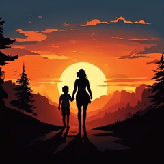 Mother and son at sunset