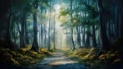 Mystical forest path with ethereal fog - obrazy, fototapety, plakaty