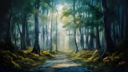 Fotobehang Mystical forest path with ethereal fog © Alexander