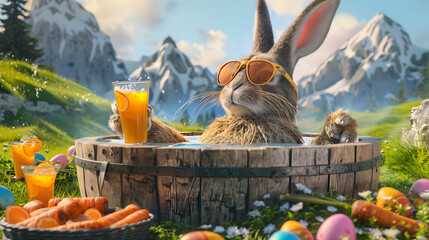A rabbit with sunglasses is sitting in an outdoor wooden hot tub. wearing swimming trunks and drinking juice from glassware on the side of it. The bunny has long ears that stand up straight