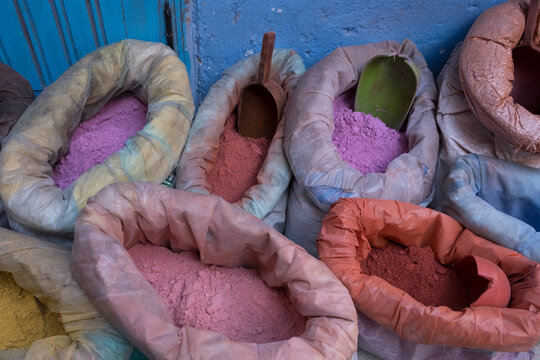 Colorful pigments for sale at market, Morocco