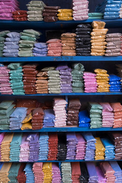 Colorful pigments for sale at market, Morocco