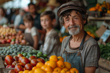 Grandparents, parents, and grandchildren exploring a bustling farmers' market, sampling fresh produce and homemade treats. Concept of culinary adventures and family foodie fun. Generative Ai.