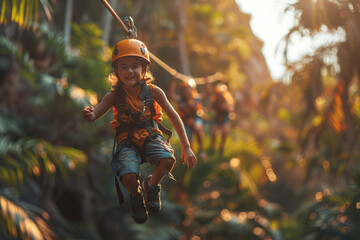 A family embarking on an exciting zip-lining adventure through a lush forest canopy, soaring above the treetops with exhilaration. Concept of adrenaline-pumping family thrills. Generative Ai. - Powered by Adobe