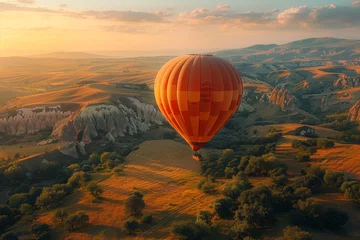Zelfklevend Fotobehang A family enjoying a scenic hot air balloon ride together, drifting gracefully over rolling hills and picturesque landscapes. Concept of breathtaking aerial views and family adventure. Generative Ai. © Sebastian