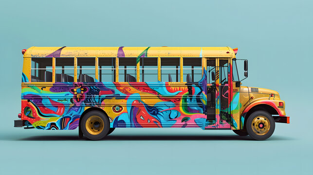 A school bus with different art styles painted on it. representing art education. A creative concept for art learning