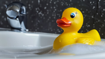Yellow little rubber duck in a sink with water with foam