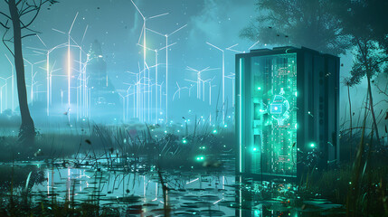 A server center with wind power plants and nuclear power stations in the distance. bordered by a verdant wetland and neon-colored beams on one edge