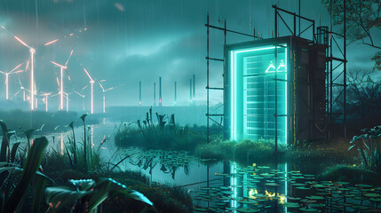 A server center with wind power plants and nuclear power stations in the distance. bordered by a verdant wetland and neon-colored beams on one edge - obrazy, fototapety, plakaty