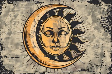 Tribal style sun and moon with anthropomorphic face hand drawn vector illustration .