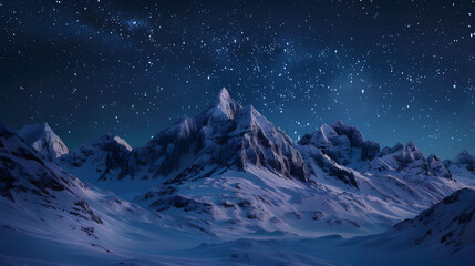 A snowy mountain range under a starry night sky. minimalistic - obrazy, fototapety, plakaty