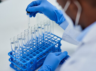Hands, test tubes and pharmaceutical development for drugs, medicine and medical research. Person,...