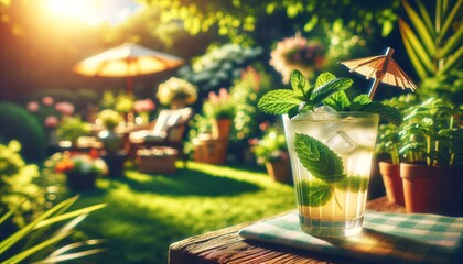Outdoor garden party with a Mint Julep, focus on the drink set against a lush garden backdrop, sunny and refreshing.. AI generated.