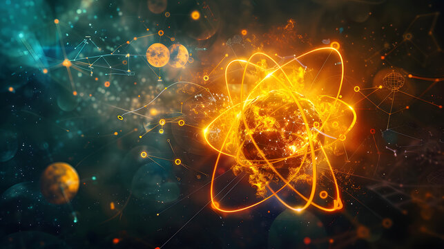 A split atom with various scientific symbols radiating from it. symbolizing scientific knowledge. A creative concept for science education or world science