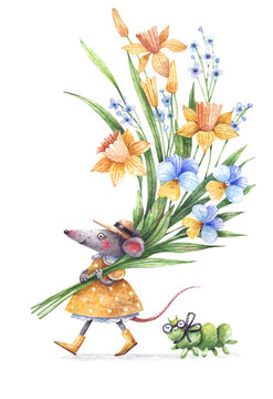 A mouse in a yellow dress and a bouquet of flowers. Spring card.