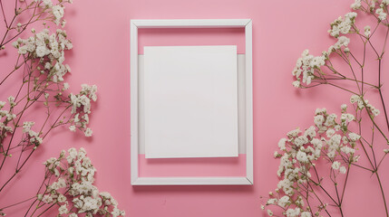 A square white frame surrounded by small flowers on the right against a pink background. A flat lay top view photograph in a minimalist style. keeping it simple yet elegant with high resolution