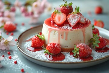 Italian dessert panna cotta on a plate with strawberries. Healthy sweet food, Light pink and white background
