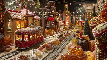 A state-of-the-art candy production facility with intricate mansions made of toffee and New Years bells made of candy.