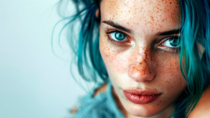 A closeup photo of a woman with blue hair and freckles, showcasing her nose, cheek, skin, lips,...