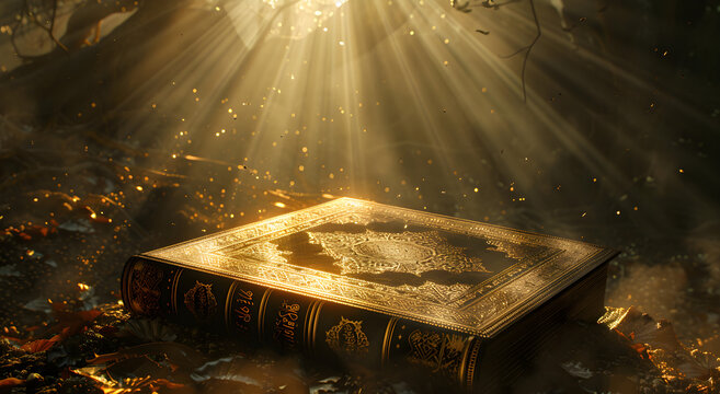 A digital AI art of the Holy Quran with rays, symbolizing spirituality and learning. Suitable for religious and educational purposes.