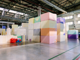 Blocks of foam rubber in warehouse