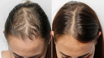 Hair, loss and growth for woman, comparison and treatment for haircare, texture and care in salon. Collage, before and after of head, damage and receding hairline versus healthy scalp and results