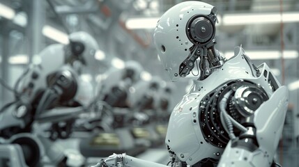 Fototapeta premium Industrial robots working on an assembly line in a factory