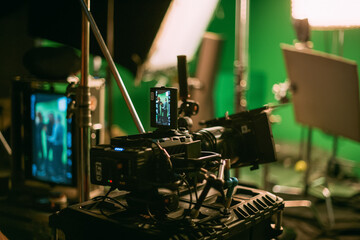 Professional cinema and video camera on the set. Technique of modern filming and advertising.