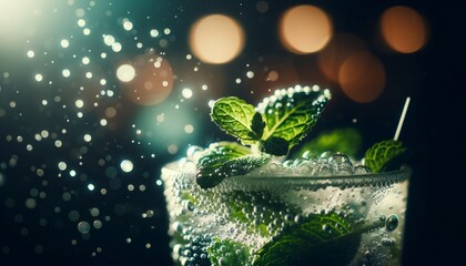 Close-up of a Mojito, focus on the bubbles and mint leaves floating on top, sparkling in dim bar lighting.. AI generated. - obrazy, fototapety, plakaty