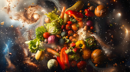 A swirling galaxy with various cuisines orbiting around it. representing global gastronomy. A creative concept for culinary arts or food history