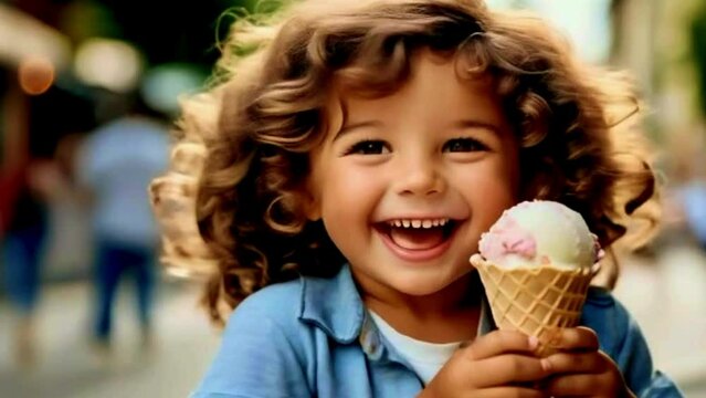 A realistic and heartwarming scene depicting a joyful child holding an ice cream cone in hand, with a bright smile and eyes full of delight, capturing the details of the ice cream treat and the child'
