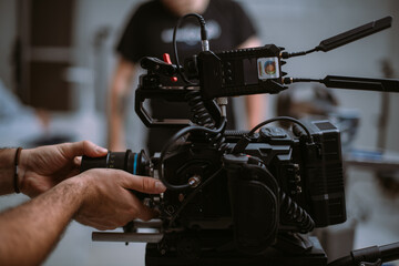 Professional film and video camera on the set.