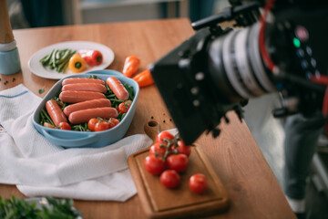 Professional shooting of food, food products in advertising and cinema. Close-up. The work of a food stylist on the set.