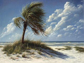 A palm tree is blowing in the wind on a beach. The sky is cloudy and the ocean is in the background