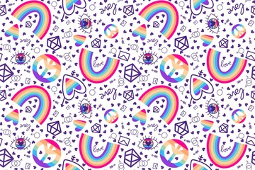 Lgbtq rainbow pride seamless love and eyes and peace sign pattern for wrapping paper and fabrics and linens