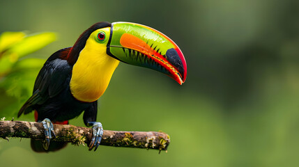A toucan with vivid. multicolored patterns on its beak is displayed against a jungle green background. The colors include bright yellow and red stripes along the beaks contour - obrazy, fototapety, plakaty